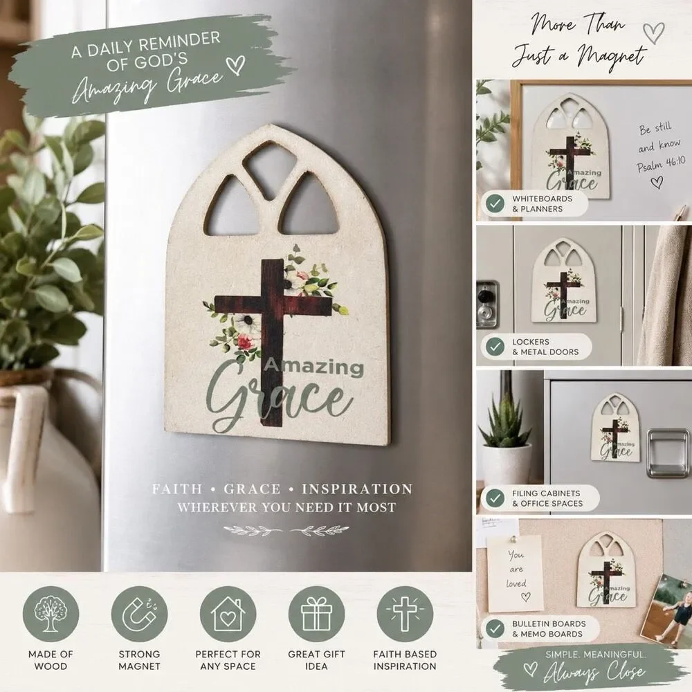 Amazing Grace Wooden Cross Magnet Farmhouse Faith Inspirational Decor Gift